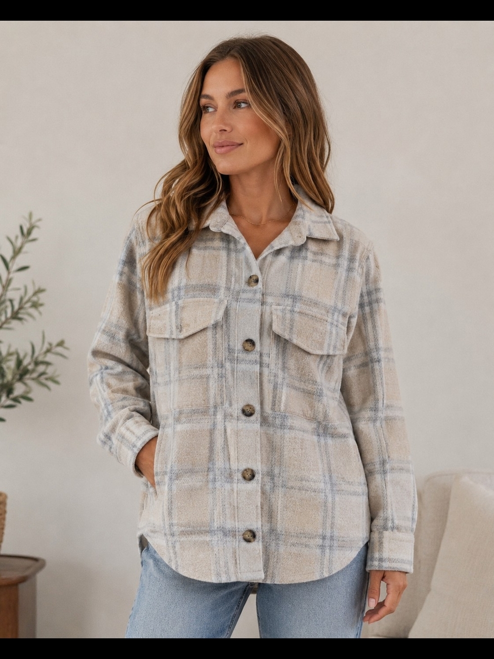beachlunchlounge Beige and Gray Plaid Shacket